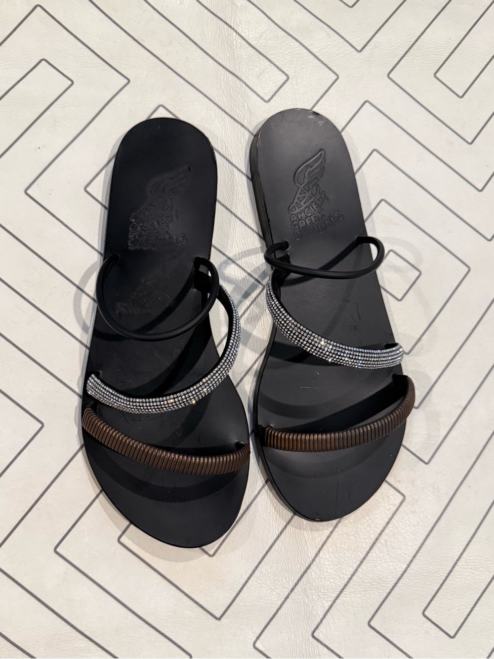 Ancient Greek Sandals Black with Detailed Triple Strap - Picture 2 of 11